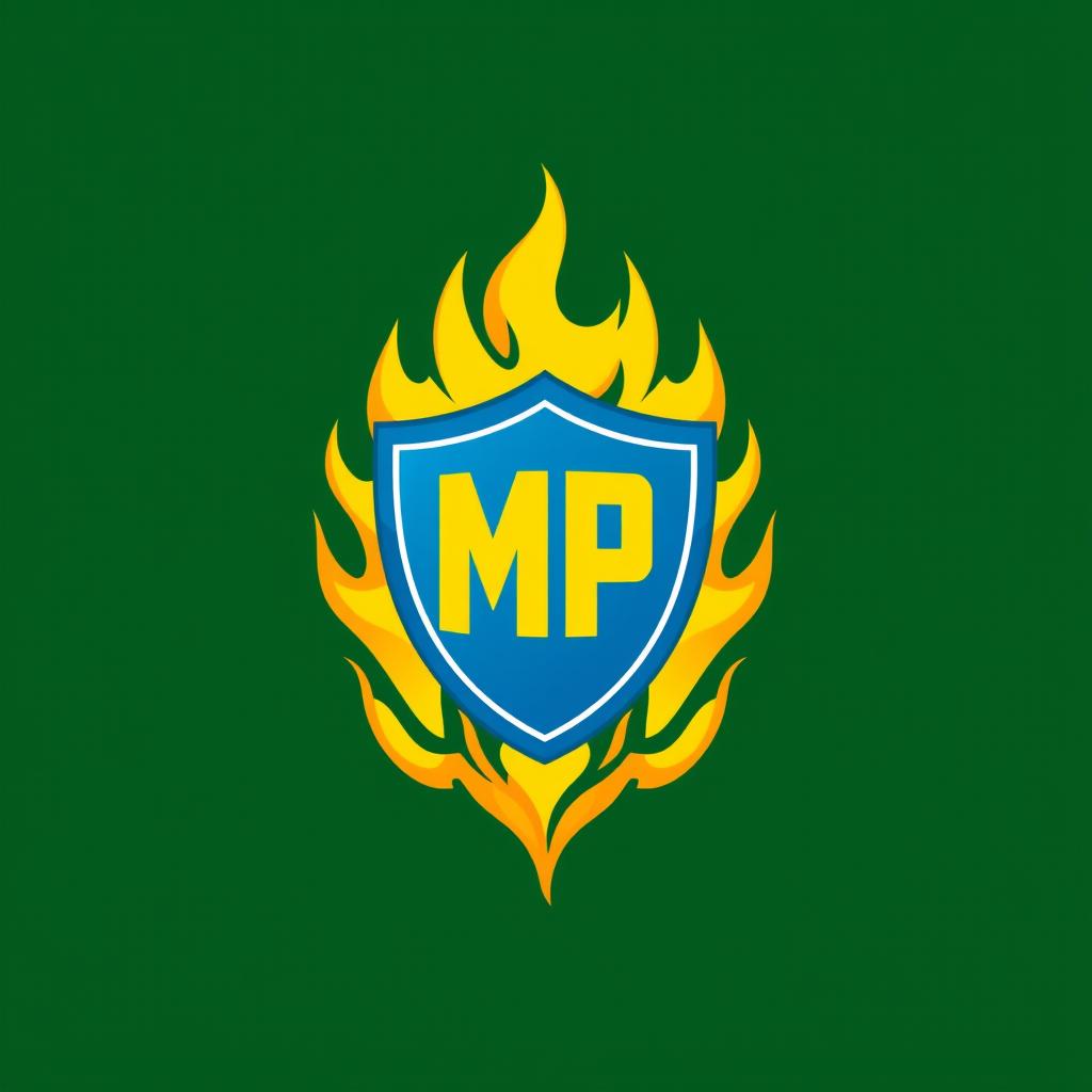A dynamic green logo featuring bright yellow flames at the center