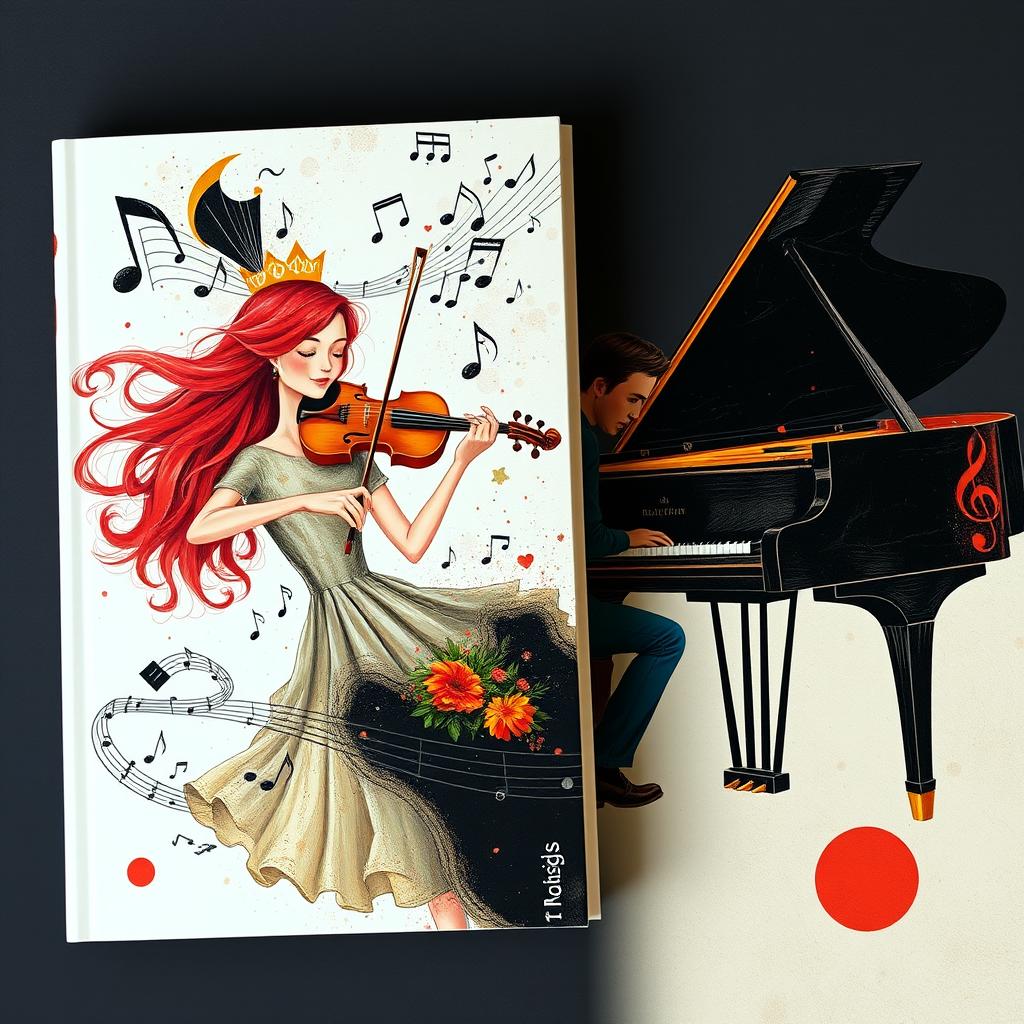 An unconventional book cover illustrating the theme of silent resistance through music, featuring a young female violinist-composer with vibrant red hair, creatively engaging with her violin, and a young male composer at a grand piano, immersed in deep thought and expression