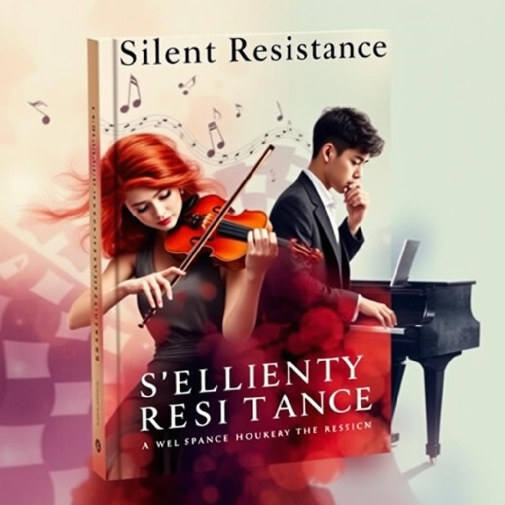 An unconventional book cover representing the theme of silent resistance through music, featuring a young female violinist-composer with vibrant red hair, capturing her intense focus as she plays her violin, and a young male composer at a grand piano, deeply immersed in thought