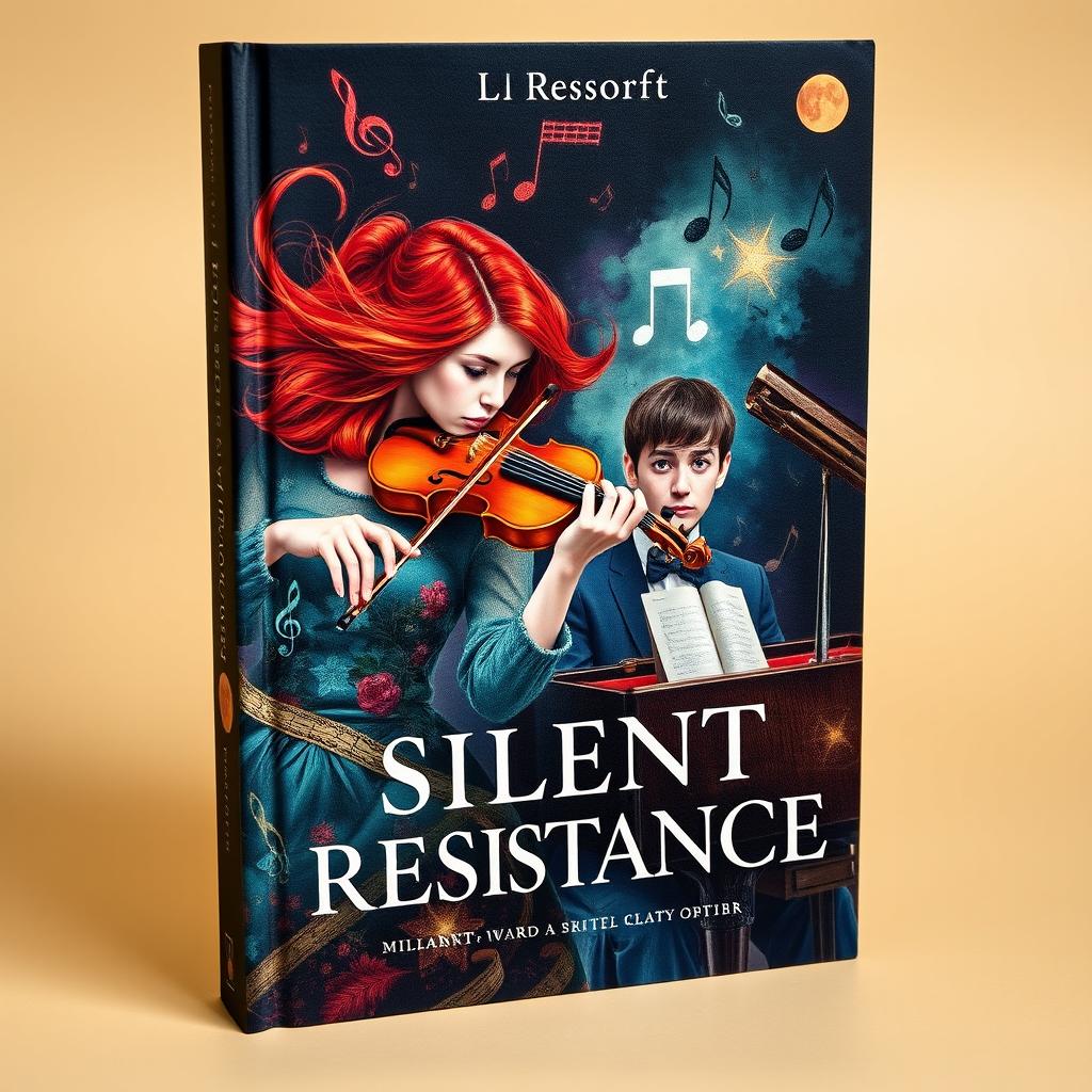 An unconventional book cover depicting the theme of silent resistance between two musicians: a young female violinist-composer with striking red hair, passionately playing her violin, alongside a young male composer at a grand piano, whose intense gaze conveys deep emotion and thought