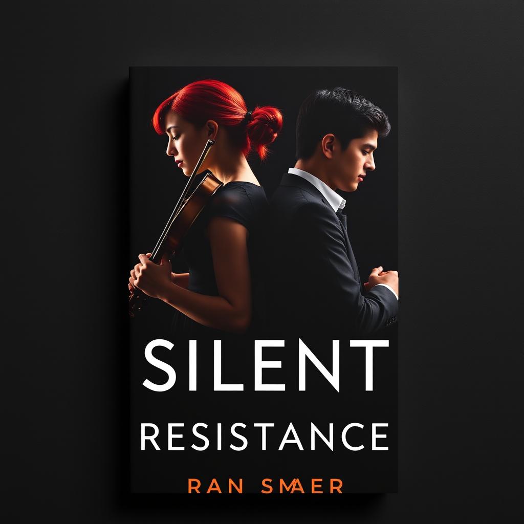 A book cover for 'Silent Resistance' featuring a striking design where a young female violinist with vibrant red hair and a young male pianist stand back to back against a deep black background