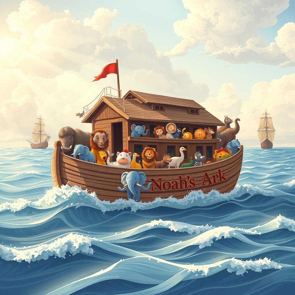A detailed illustration of Noah's Ark, depicted as a large wooden ship filled with various pairs of animals, sailing through a vast ocean