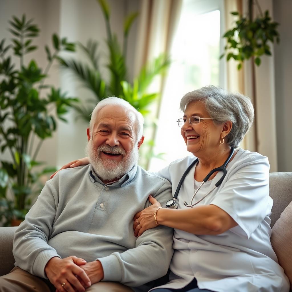 A warm and inviting living room scene depicting a heartfelt moment of connection between an elderly couple and a caregiver