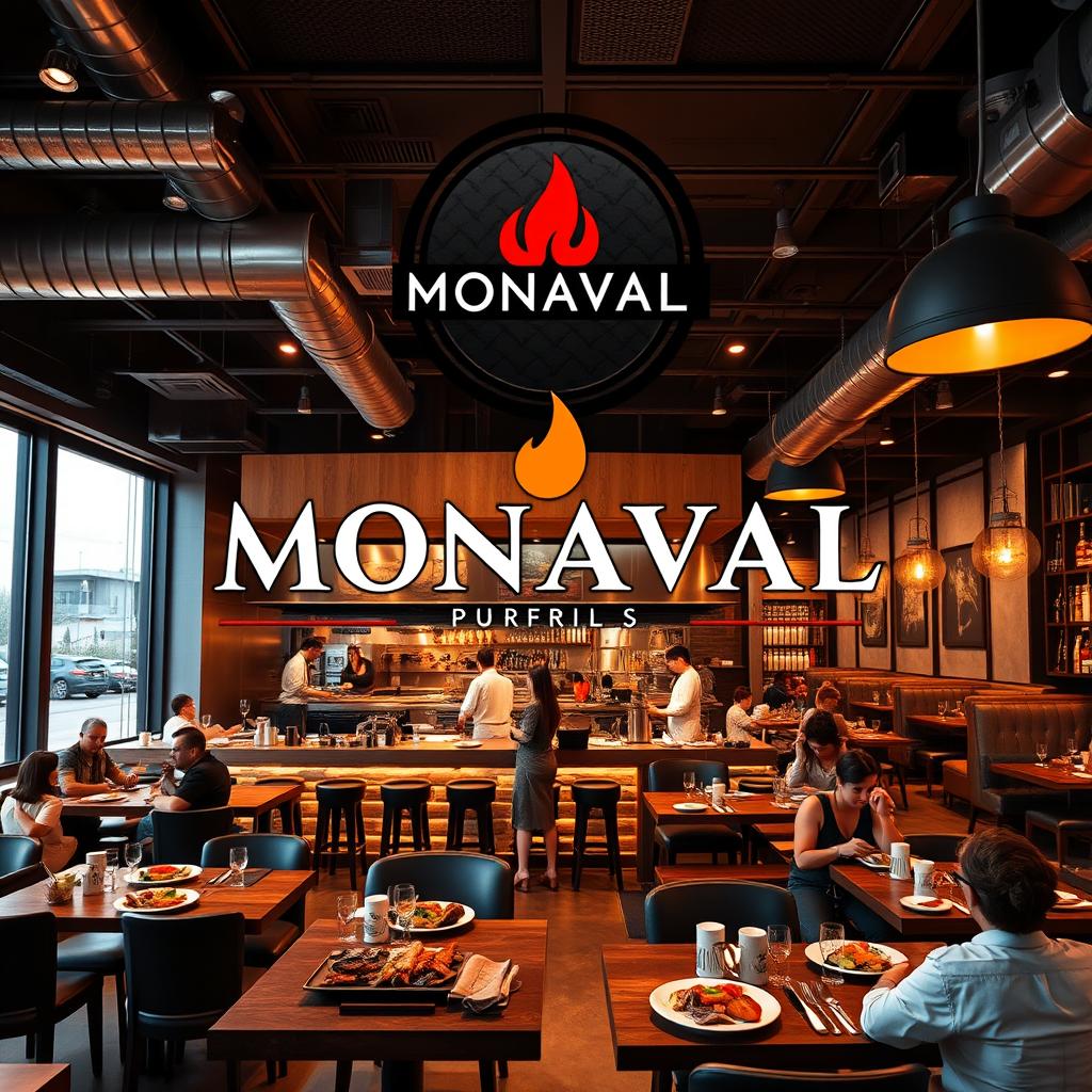 A stylish and modern logo design for a grill restaurant named 'MONAVAL'