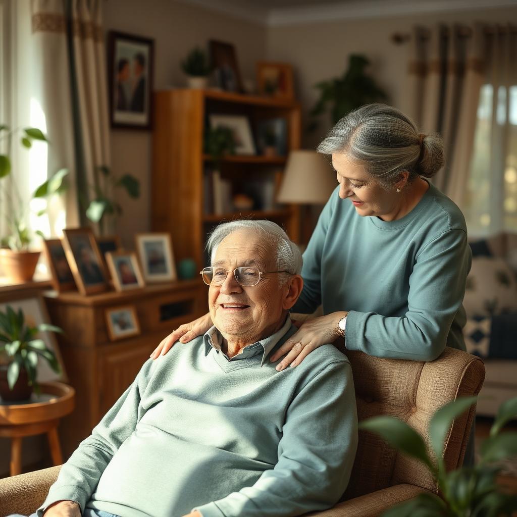 An elderly caregiver gently assisting a senior in a cozy, warmly lit living room filled with plants and family photographs