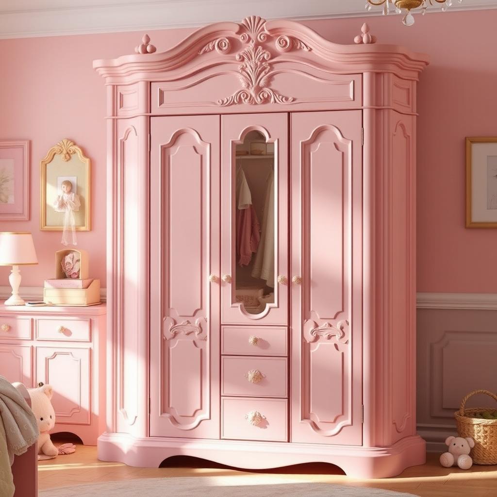 A beautiful, classic pink wardrobe designed for a girl's room, featuring elegant yet simple lines