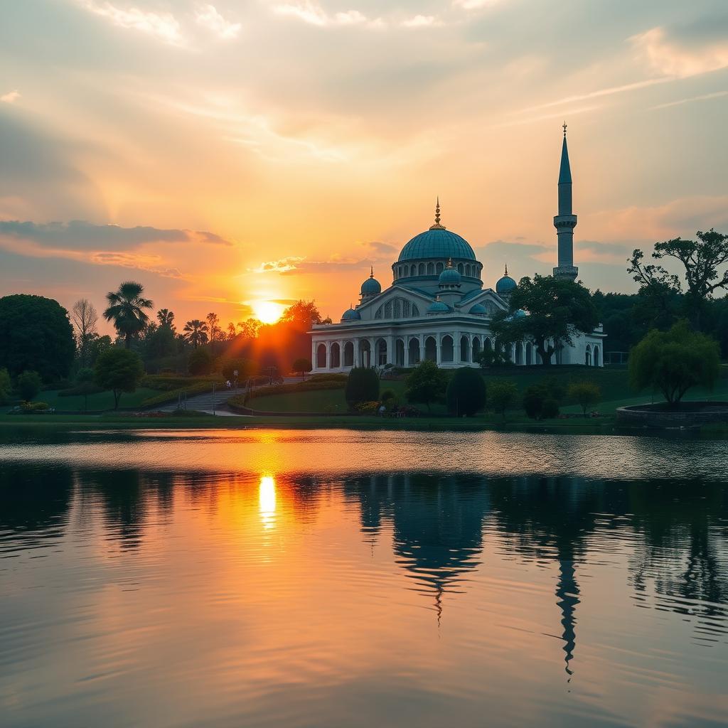 A serene and peaceful landscape featuring a stunning mosque with intricate architecture, surrounded by lush gardens and trees