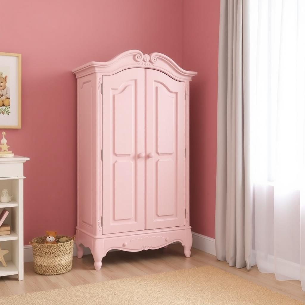 A short, classic yet simple pink wardrobe for a young girl's room, designed without glass doors, showcasing a charming and whimsical style that's perfect for children