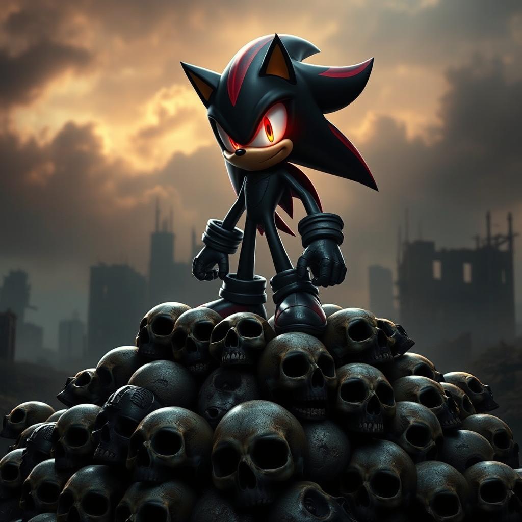 A realistic live action depiction of Shadow Sonic, the dark version of Sonic the Hedgehog, standing confidently atop a large, ominous pile of human skulls