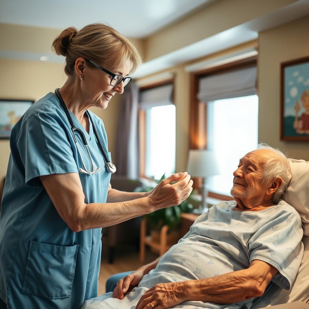 A compassionate nurse providing care to an elderly patient in a warm and cozy room filled with natural light