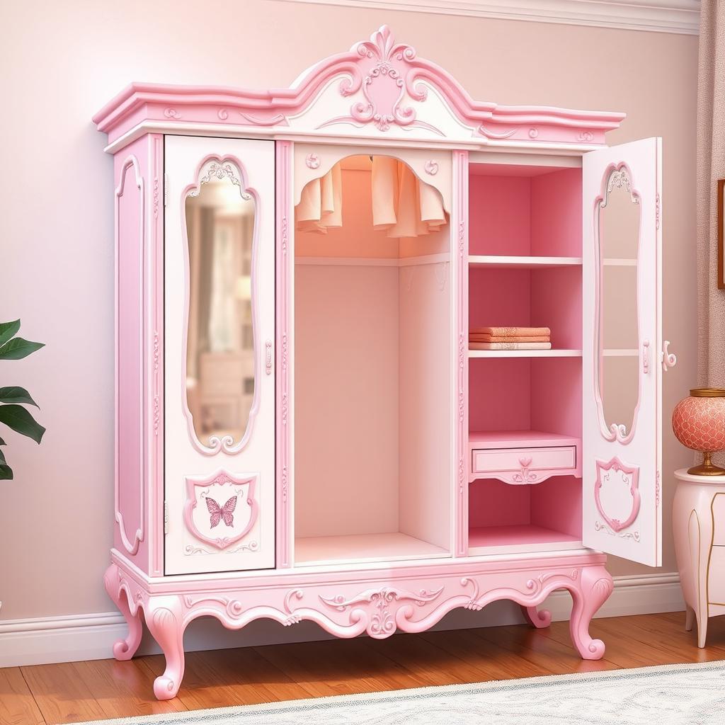 A one meter tall, classic-style wardrobe designed for a girl, featuring a whimsical, fantasy-like aesthetic