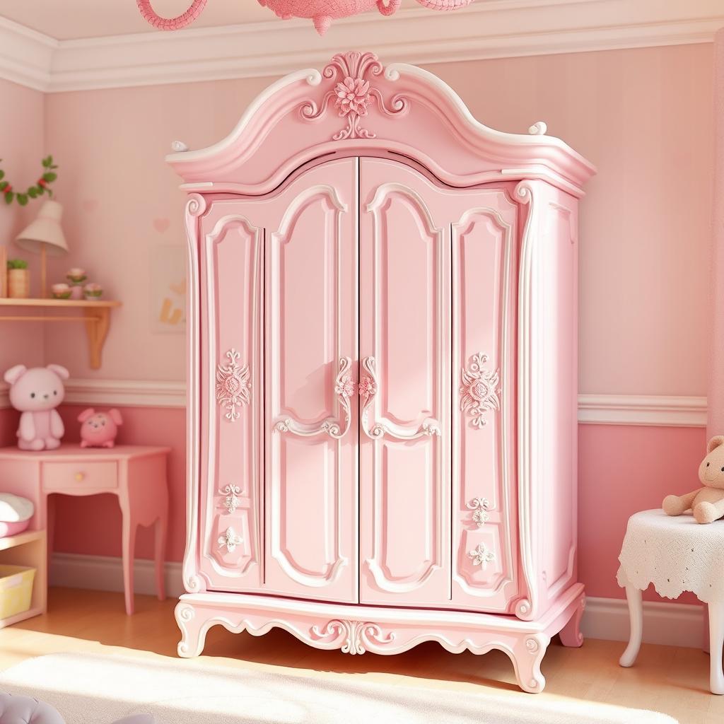 A whimsical, short pink and white classic fantasy wardrobe designed for a girl's room