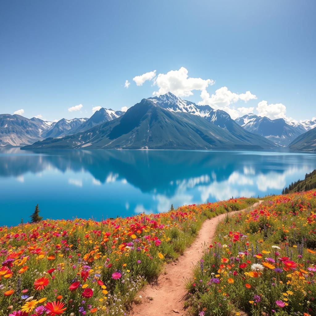 A breathtaking landscape featuring a vast azure lake surrounded by majestic mountains under a bright blue sky