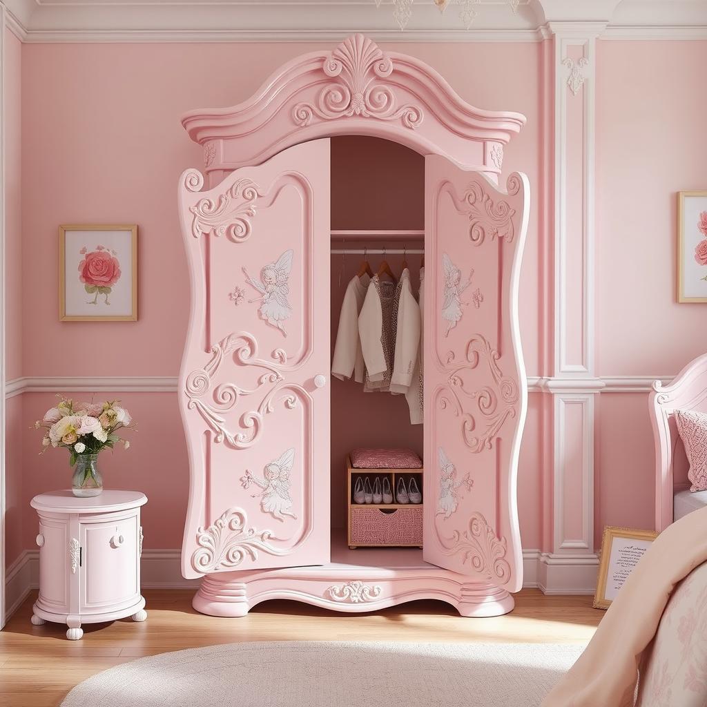 A short, pastel pink wardrobe designed for a fantasy-themed girl's room, featuring classic white accents