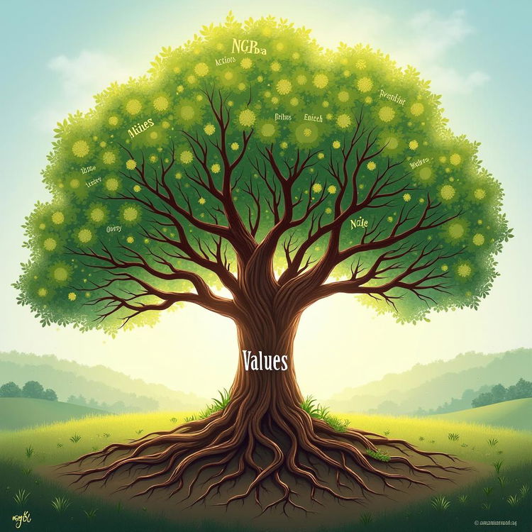 A beautifully illustrated tree with intricate details, featuring deep and strong roots labeled "Values" that ground the tree firmly in the earth