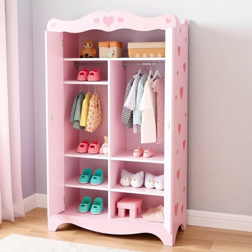 A one-meter tall girl's toy wardrobe without doors or glass, specifically designed for children
