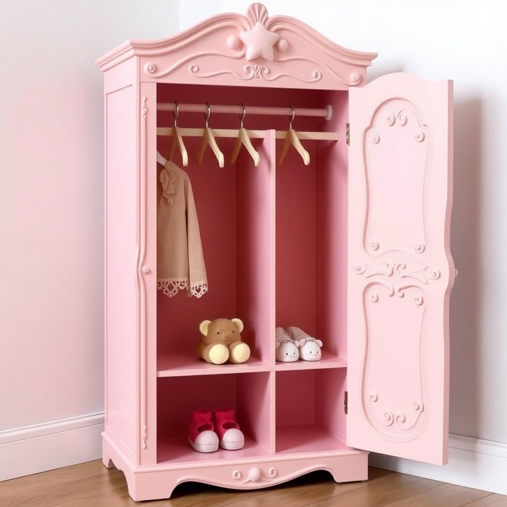 A one-meter tall girl's toy wardrobe designed in a classic yet whimsical style, without doors or glass