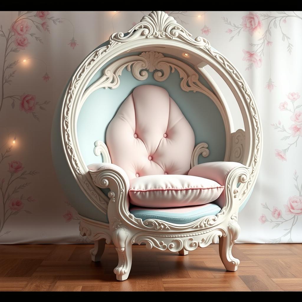 A beautifully designed classic fantasy round chair, featuring a harmonious blend of pastel colors: soothing shades of blue, white, and soft pink