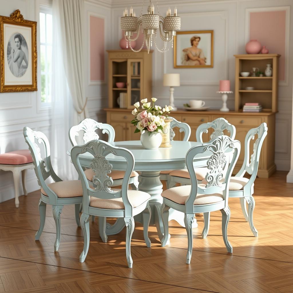 A beautifully designed classic fantasy round dining set for six people, featuring elegant pastel colors of blue and white