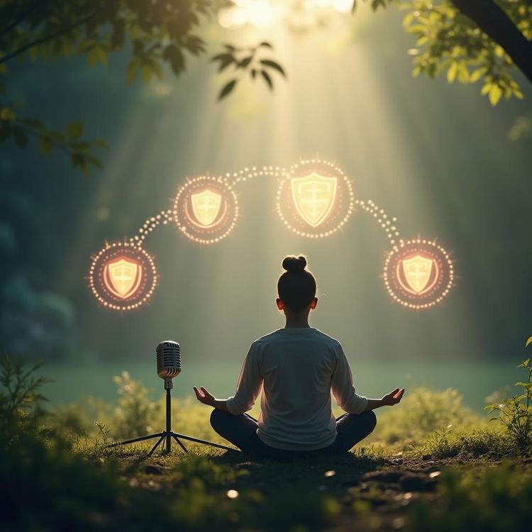 A serene scene depicting a person sitting cross-legged in a tranquil environment, deep in meditation to symbolize self-awareness