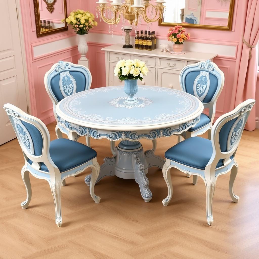 A classic fantasy round dining set designed for six people, showcasing a vibrant combination of blue and white colors