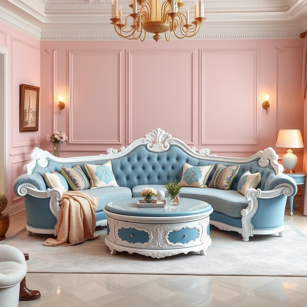 A stunning classic fantasy round sofa designed for six people, featuring a delightful combination of blue and white colors