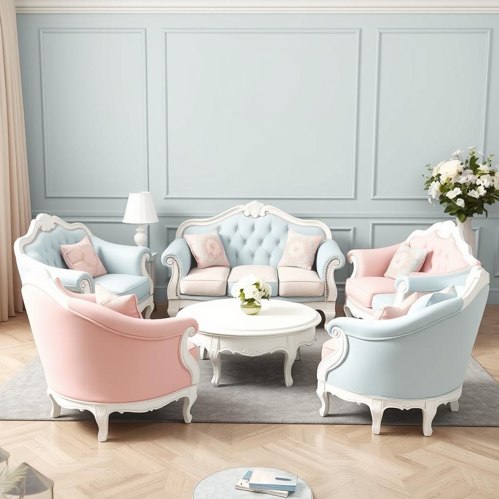 A beautifully designed classic fantasy living room set featuring a six-seater configuration