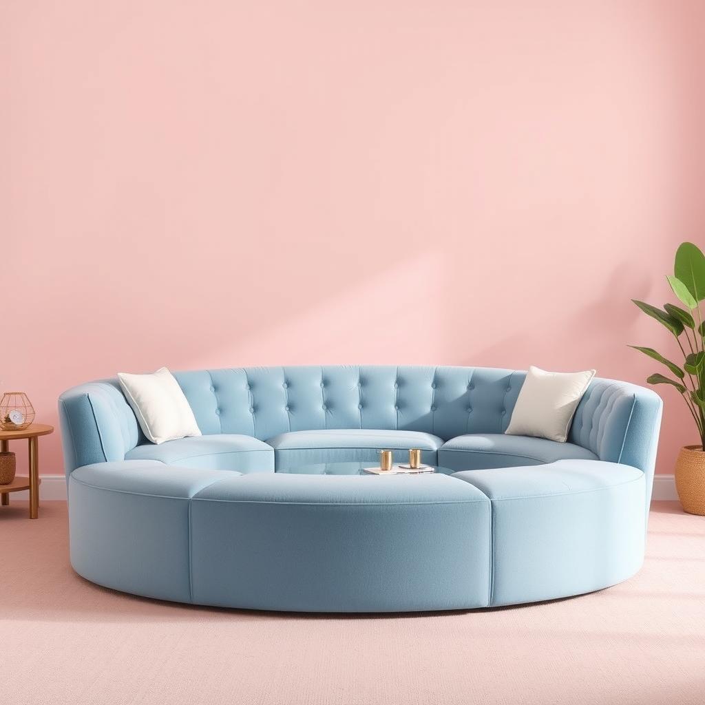 A simpler classic round sofa design featuring a gentle crown (or tufted) backrest, suited for six people