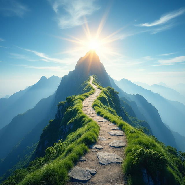 A stunning mountain peak with a winding path leading up to it, representing a journey metaphor