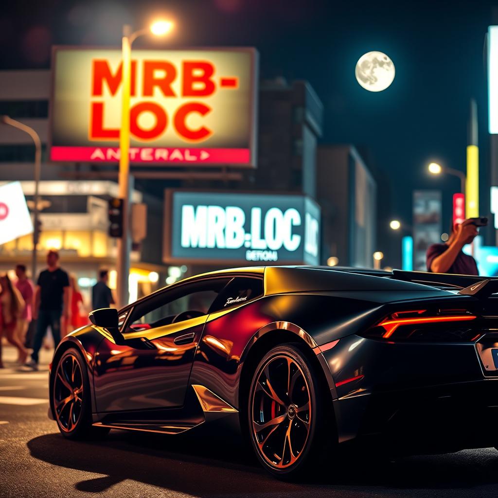 A sleek Lamborghini, prominently featured from a side view, parked on a bustling city street at night
