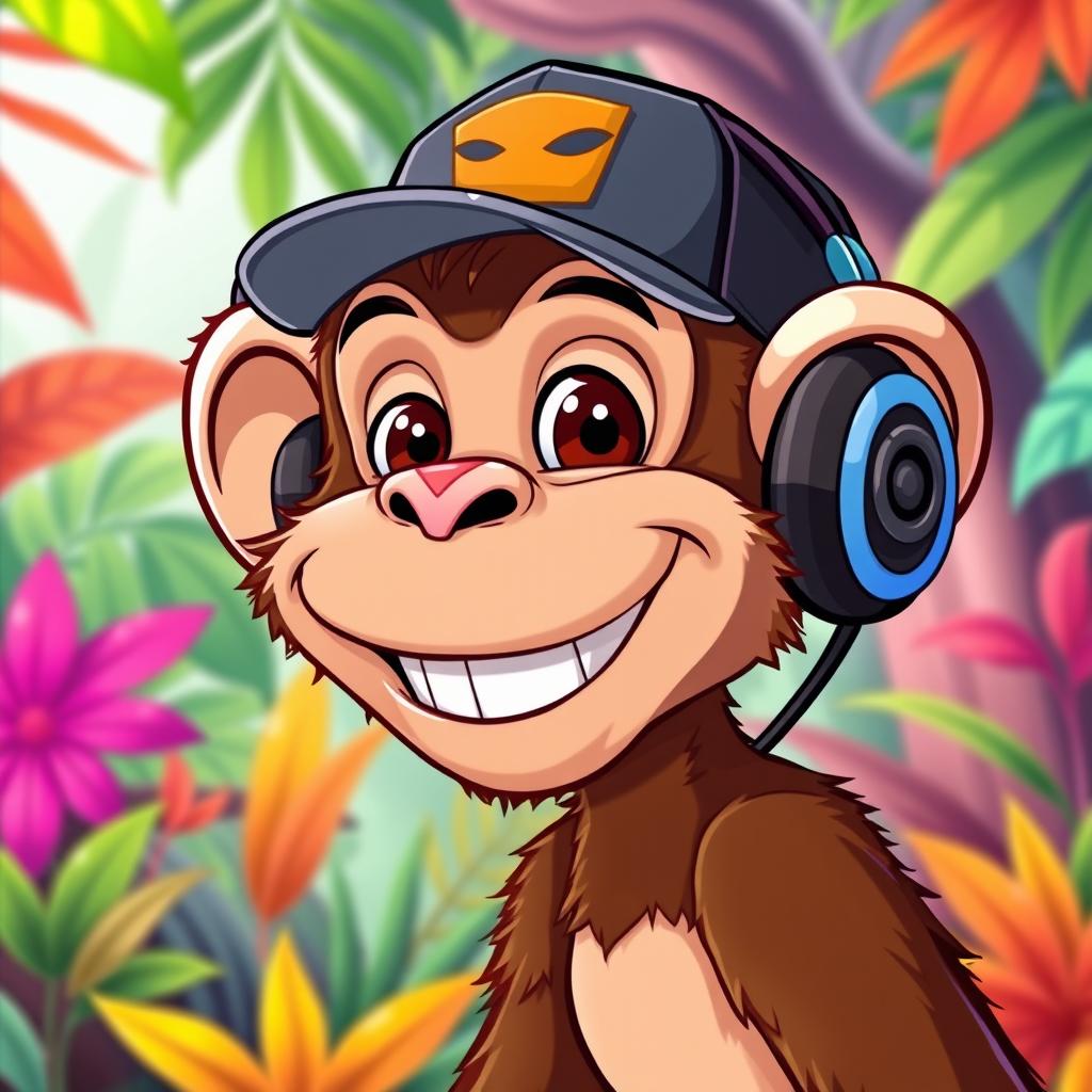 A cool animated profile picture of a quirky monkey character with a cheeky grin