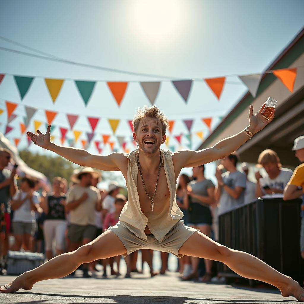 A humorous scene featuring a person performing a split with a beer bottle held in their mouth
