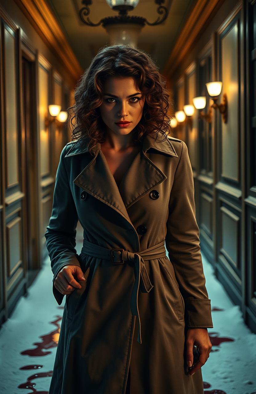 A female detective with curly brown hair, wearing a stylish trench coat, investigating a mysterious hotel scene at night