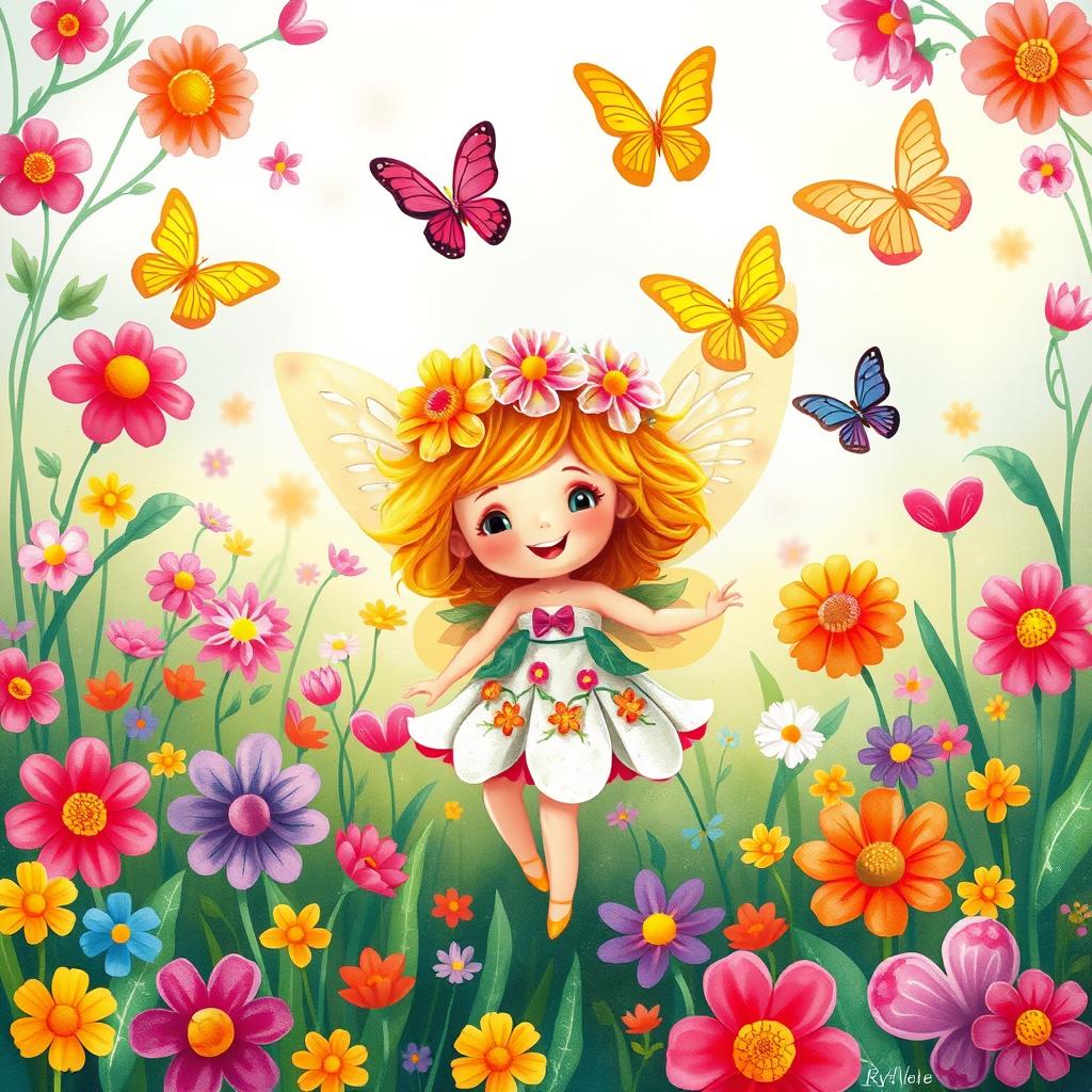 A colorful and whimsical illustration of a playful, adorable fairy wearing flower-inspired attire, set in a joyful meadow filled with blooming flowers and fluttering butterflies