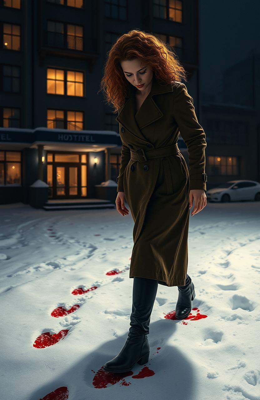 A brown-haired, curly-haired female detective investigating a murder scene at a hotel during the night