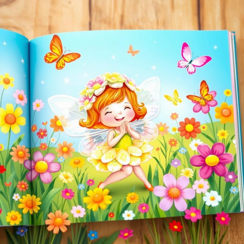 A whimsical book illustration featuring an adorable fairy wearing flower-inspired attire, surrounded by a joyful meadow filled with blooming flowers and fluttering butterflies