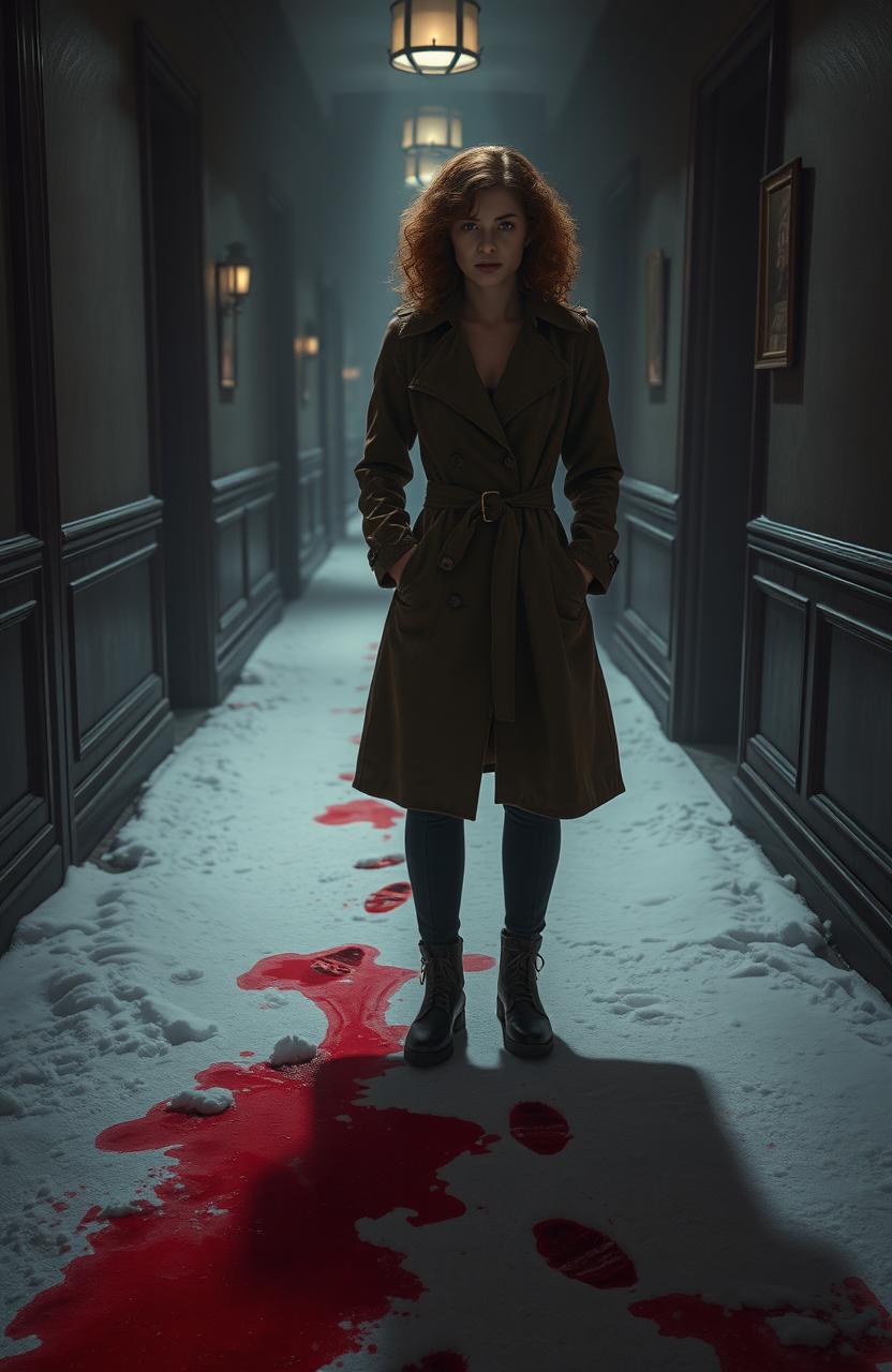A dark and atmospheric scene depicting a female detective with curly brown hair, dressed in a stylish trench coat, standing in the dimly lit corridor of a hotel at night