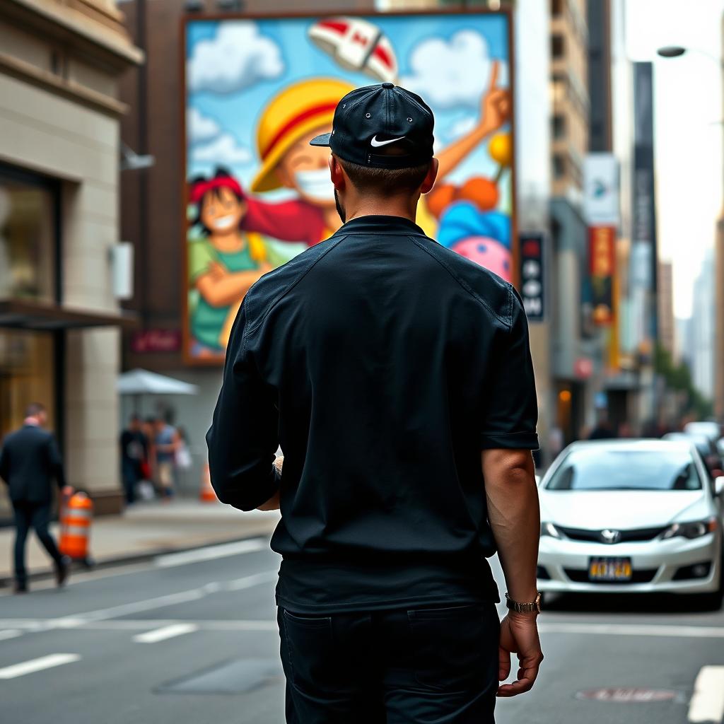 A man standing with his back to the viewer, wearing a baseball cap and dressed entirely in black clothing, walking down a city street