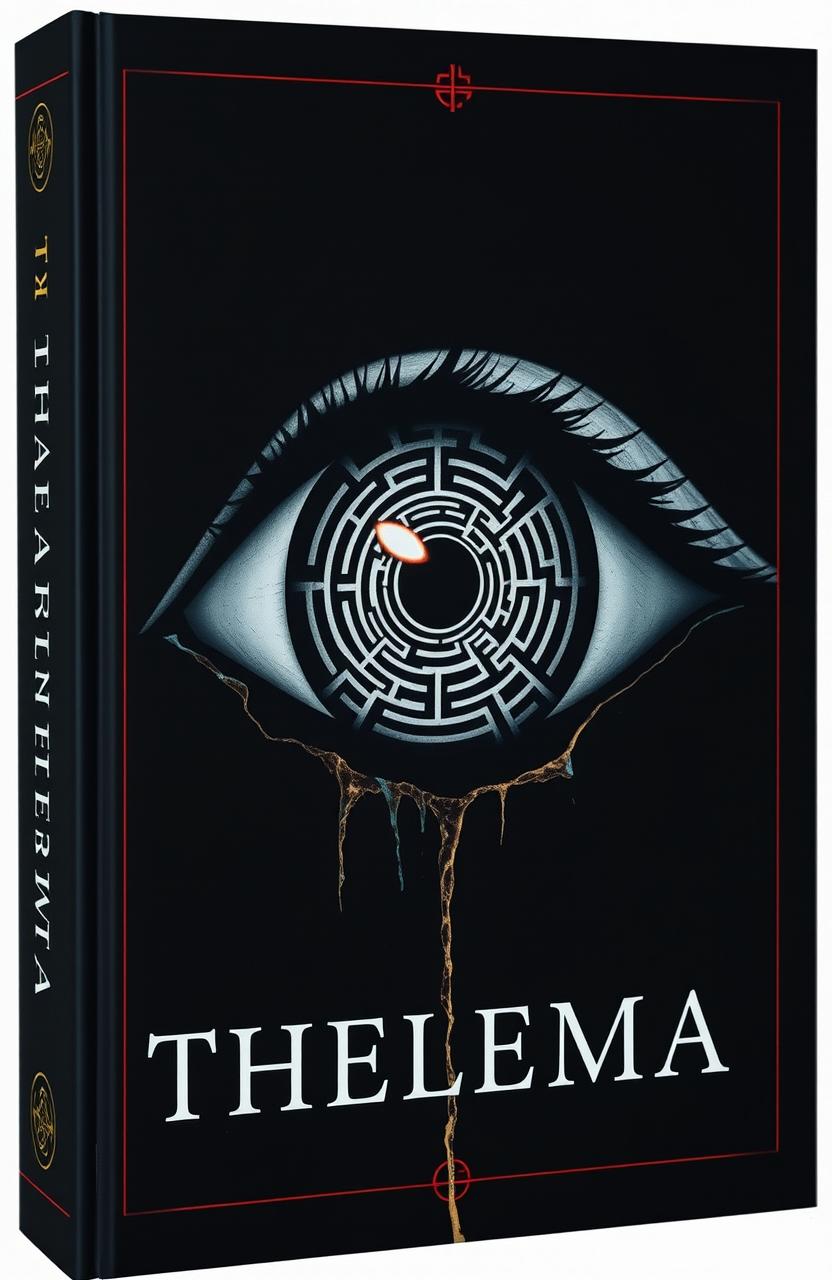 A captivating book cover featuring a large eye symbolizing consciousness and vigilance, with a labyrinth reflected in its iris, creating an unsettling loop as it gazes at itself instead of the viewer
