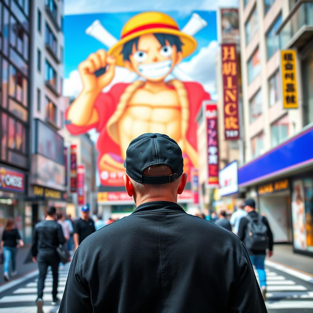 A man viewed from behind, wearing a black baseball cap and dressed in all black clothing, standing on a vibrant city street