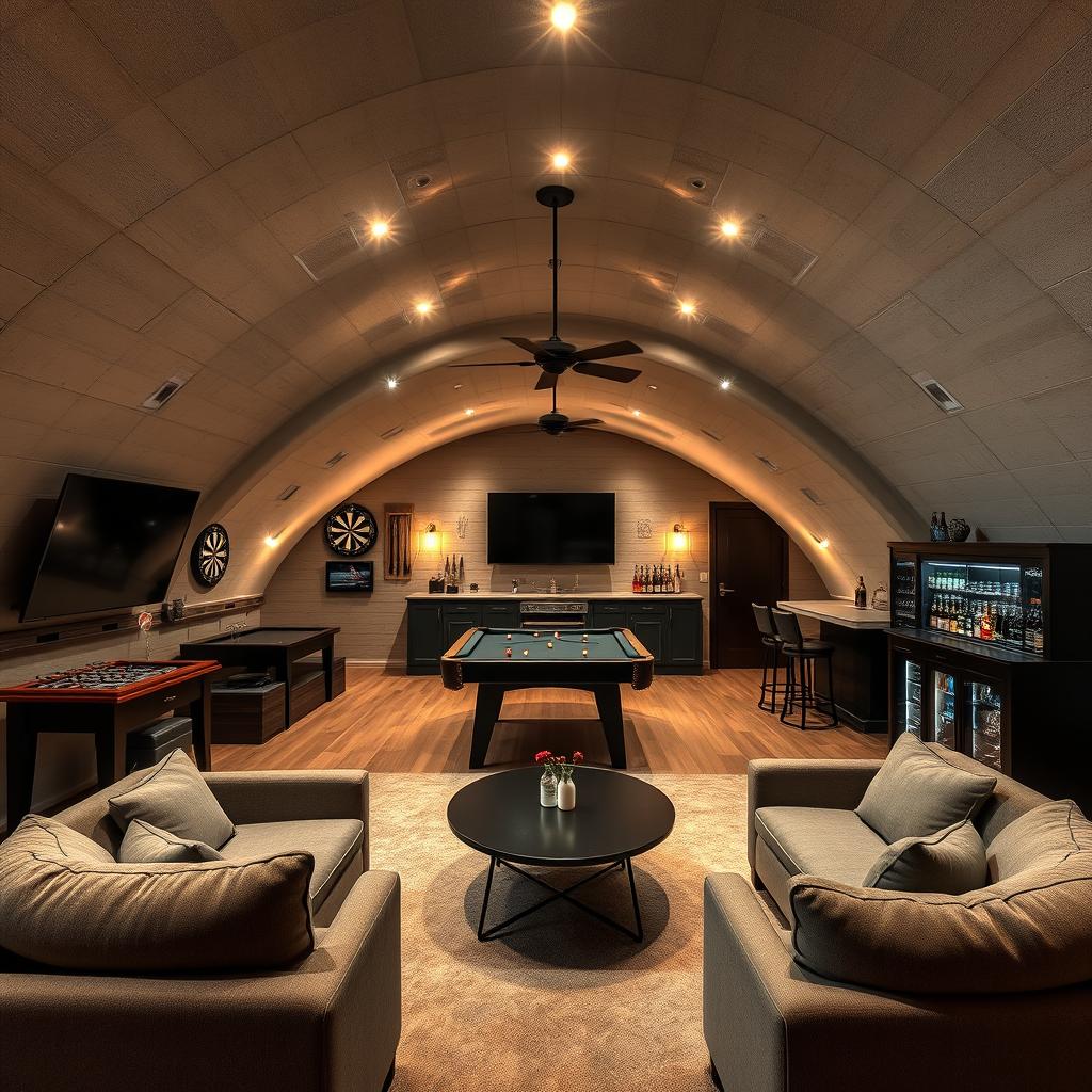 An interior view of a bunker featuring a U-shaped ceiling, showcasing a modern and cozy atmosphere