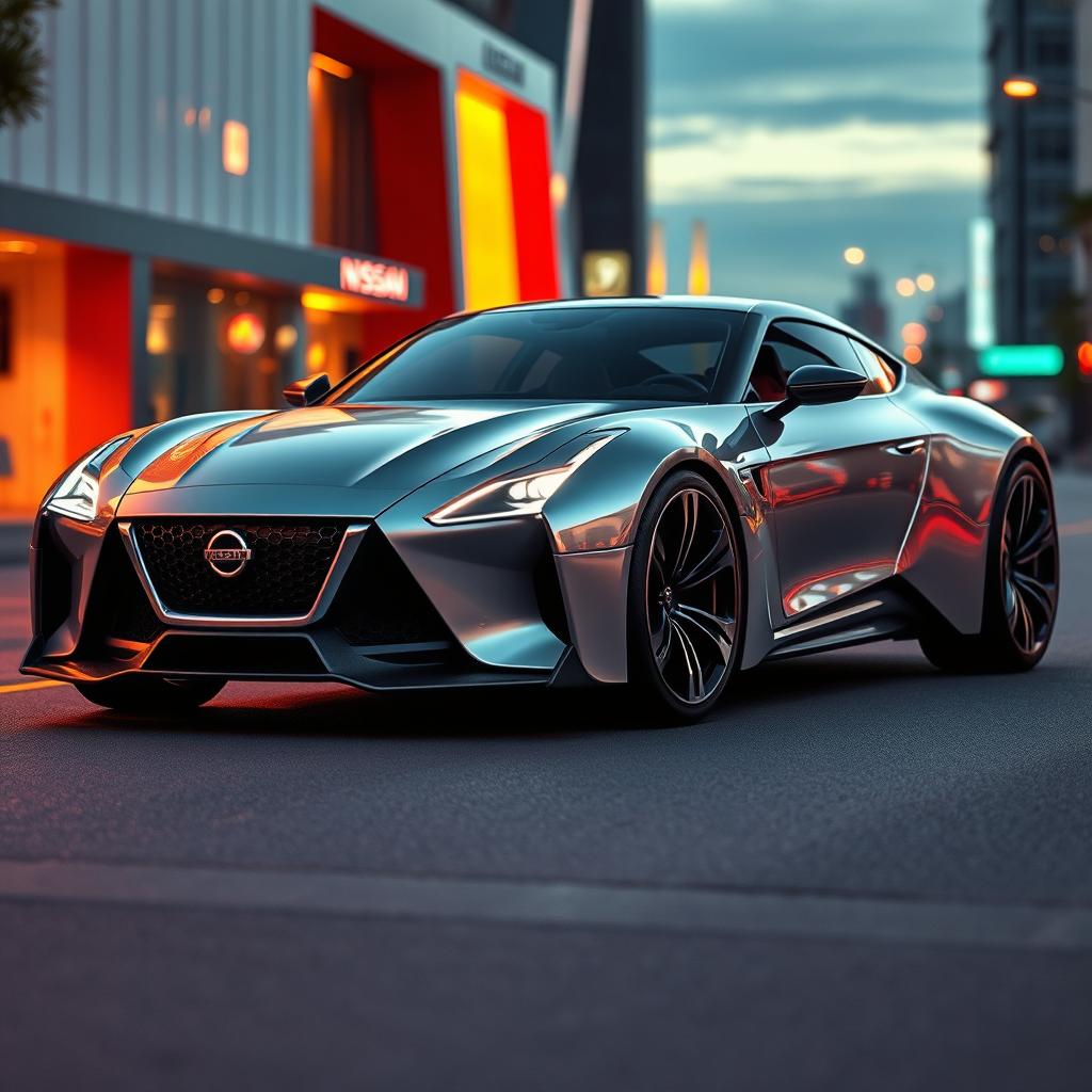 A high-end concept car inspired by Nissan, featuring a sleek and futuristic design with a V16 engine