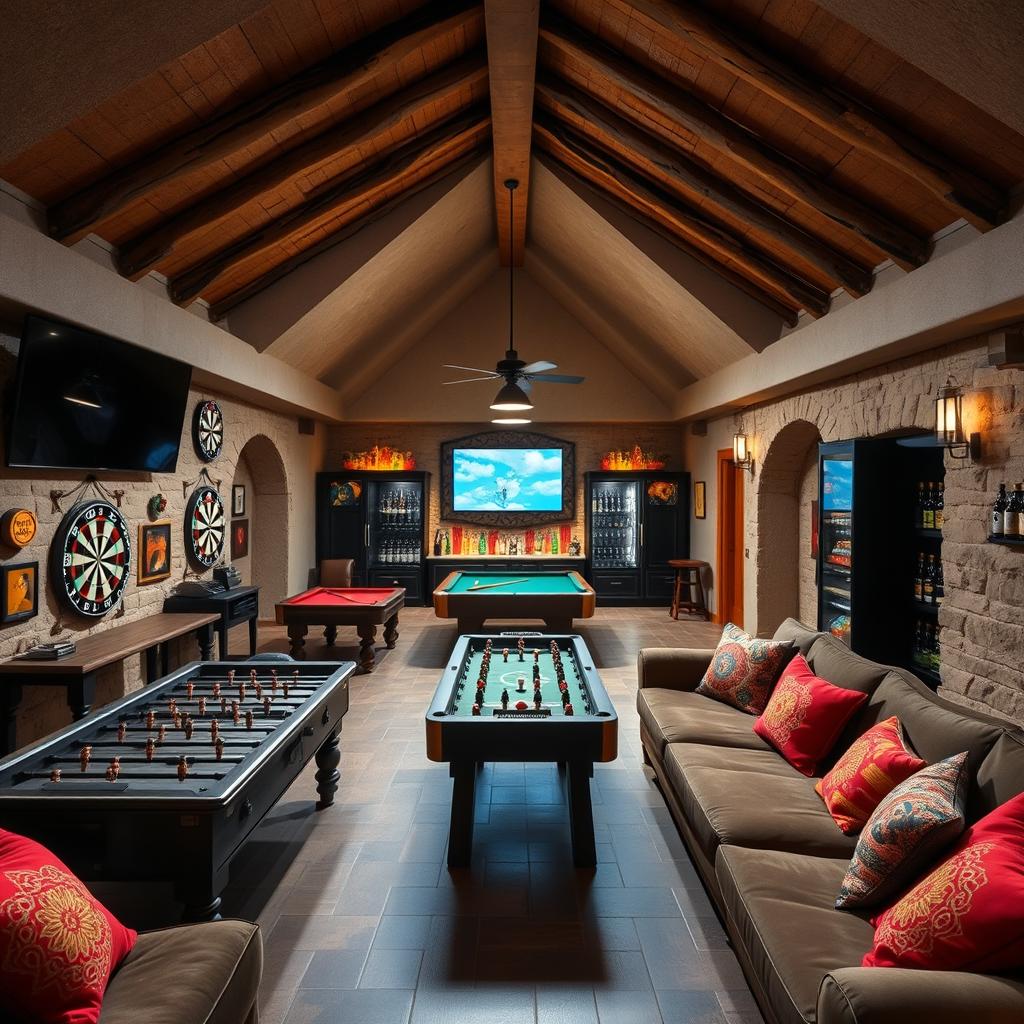 An interior view of a bunker featuring a U-shaped roof, infused with a Spanish rock style theme