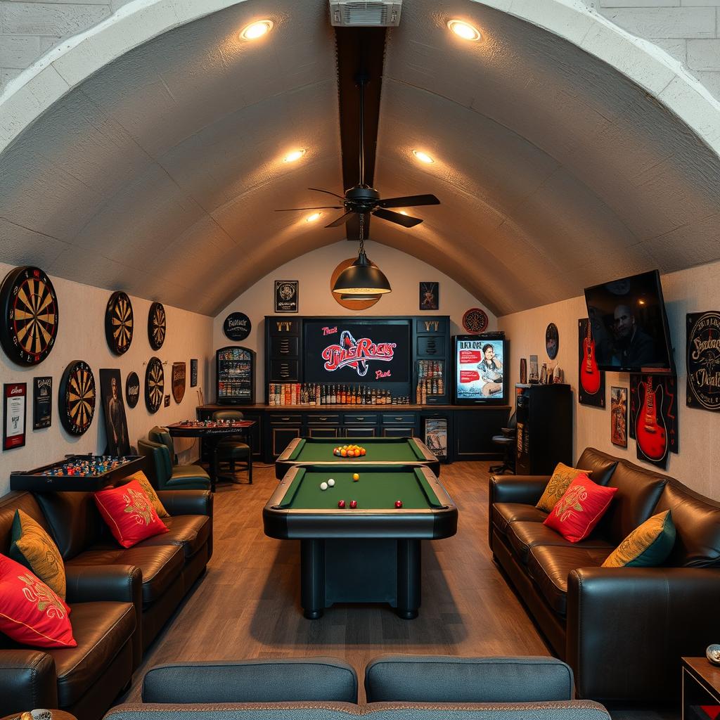 An interior view of a bunker featuring a U-shaped roof, designed in a classic rock style