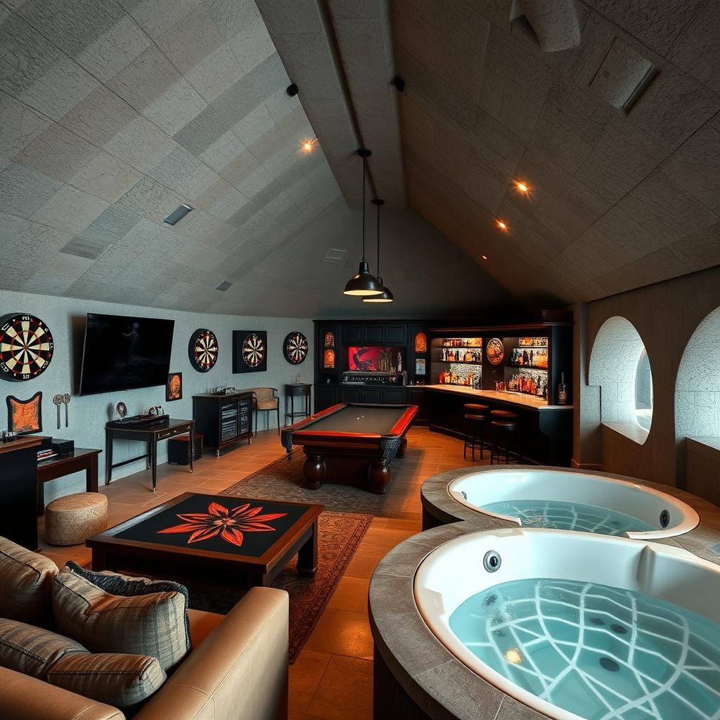 An interior view of a bunker featuring a U-shaped roof, designed in a classic rock style