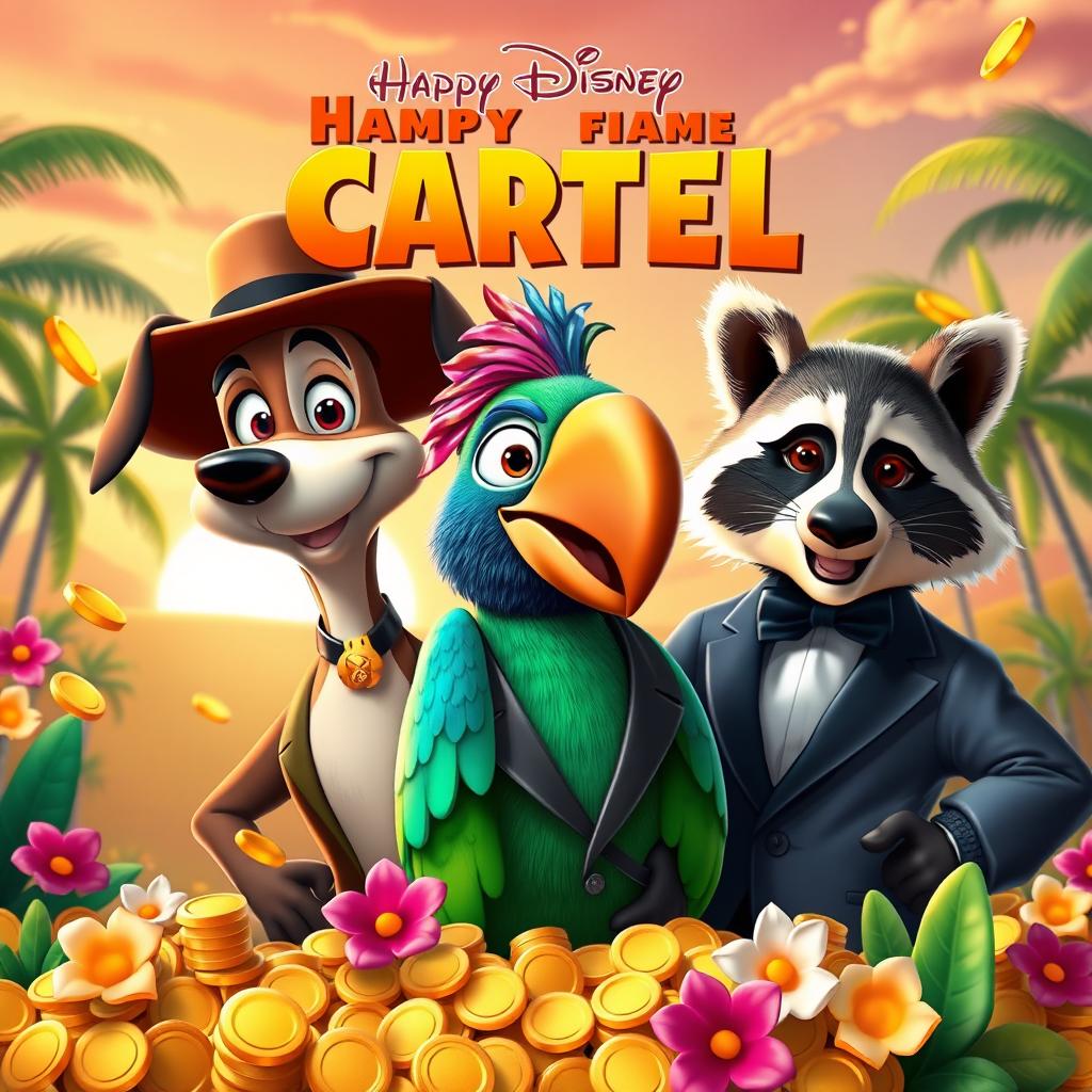A vibrant, colorful movie poster inspired by Disney-style animation featuring a group of whimsical characters that could represent a fictional cartel