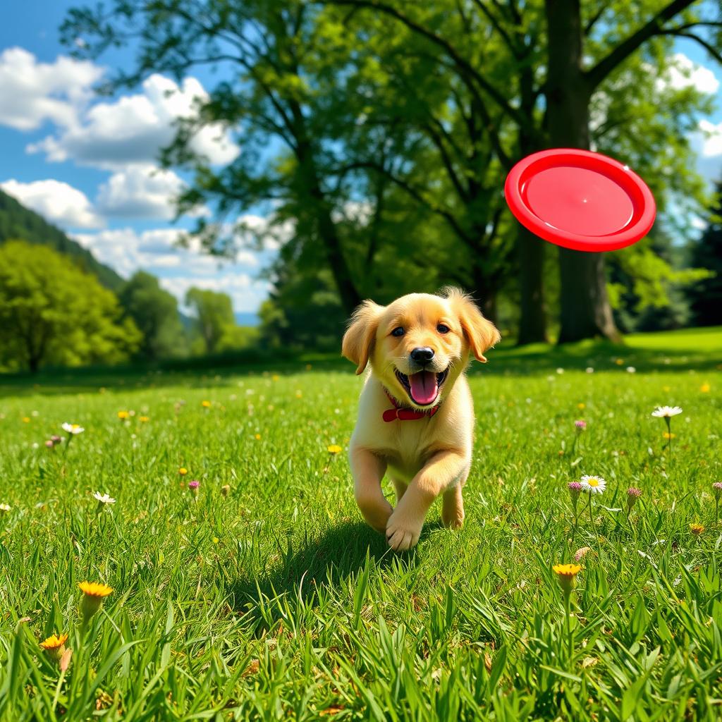 A playful golden retriever puppy running through a sunny park, with vibrant green grass underfoot and wildflowers blooming around