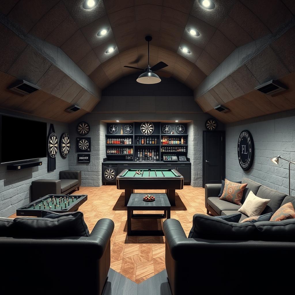 An expansive interior view of a 100 square meter bunker featuring a U-shaped roof, designed in a classic rock style