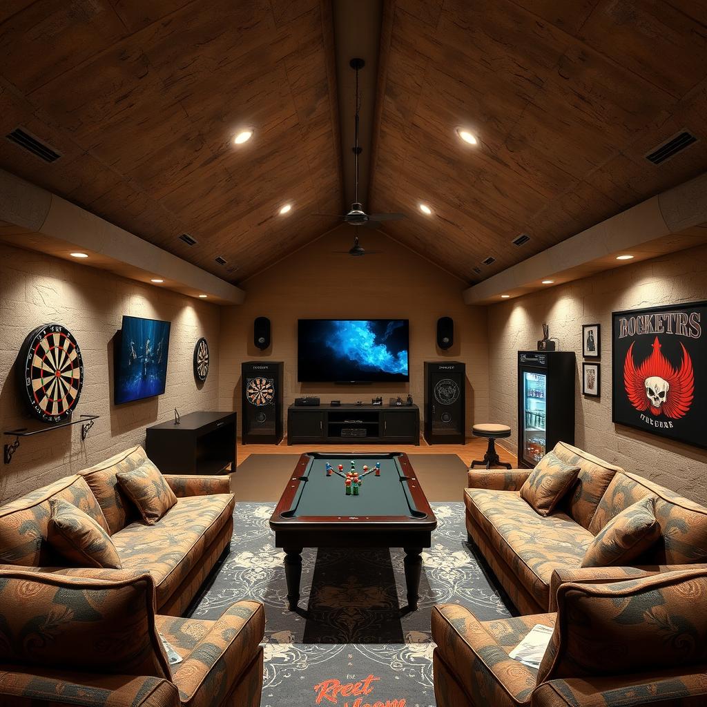 An expansive interior view of a 100 square meter bunker featuring a U-shaped roof, designed in a classic rock style