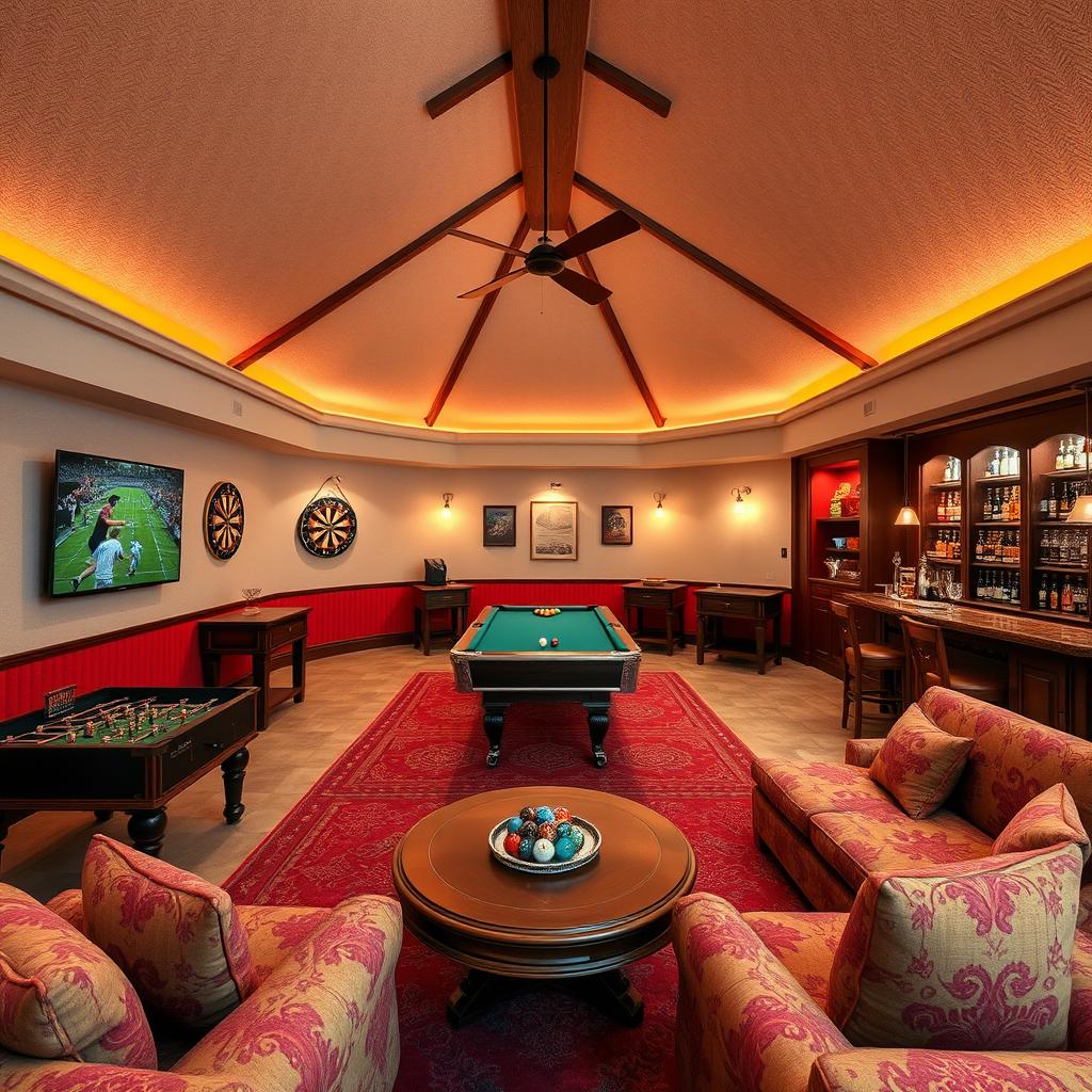 An expansive interior view of a 100 square meter bunker featuring a U-shaped roof, designed in a vibrant Spanish style